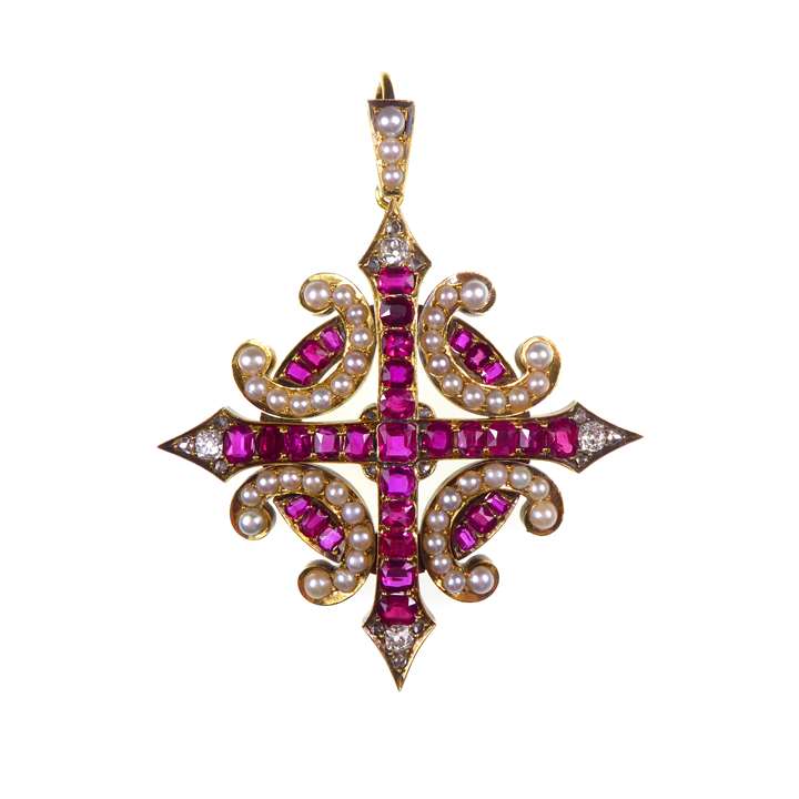 Ruby, diamond, pearl and gold cross pendant
